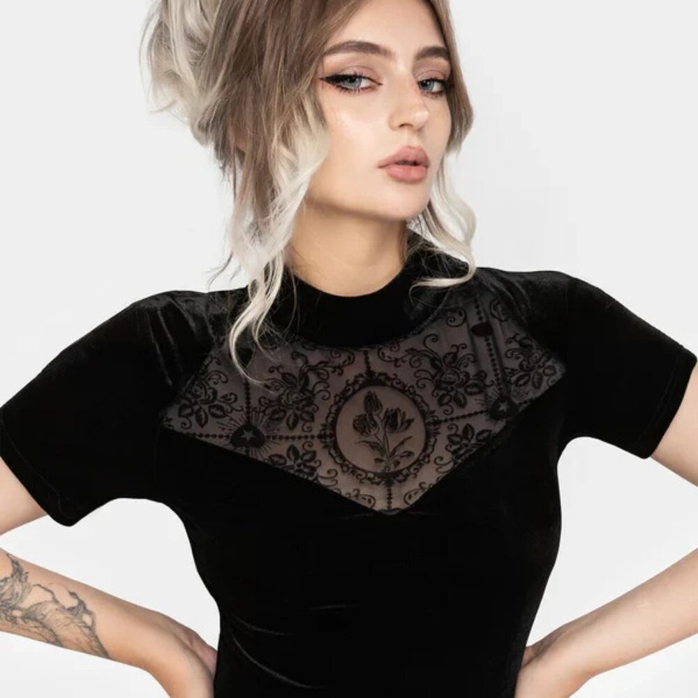 NEW Disturbia Womens Cameo Floral Flocked Mesh US 12, Black Gothic Vibe, NWT